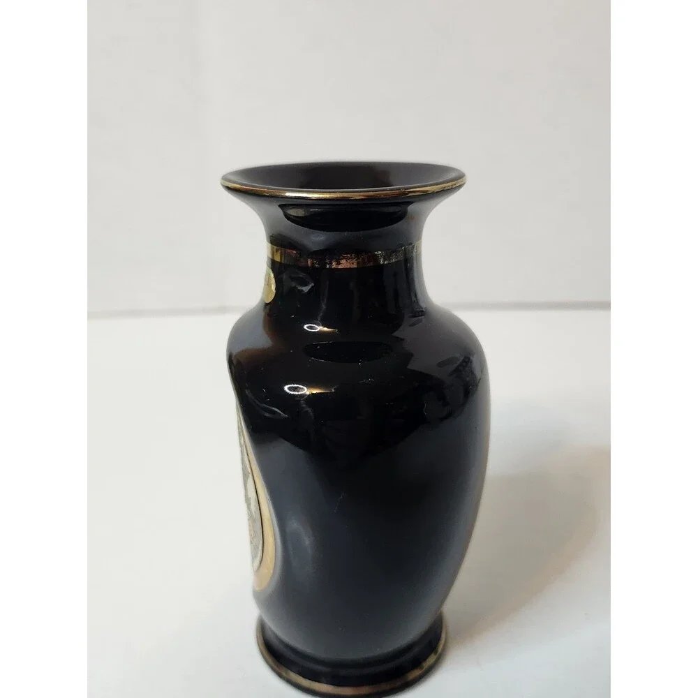 Chokin Art Vase Japan Black Gold 24K Trim Vintage Asian Decor 4.5